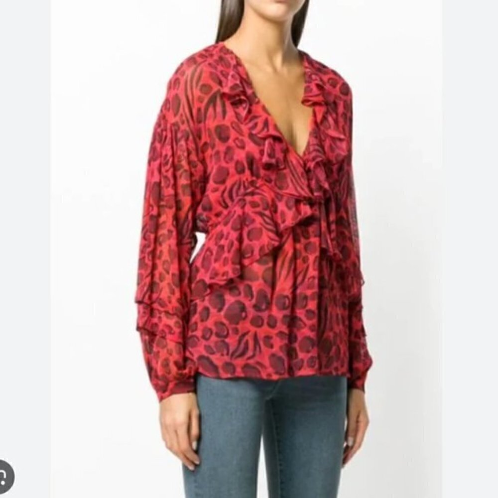 IRO Realize Red Leopard Ruffle Blouse 36 - Picture 2 of 8